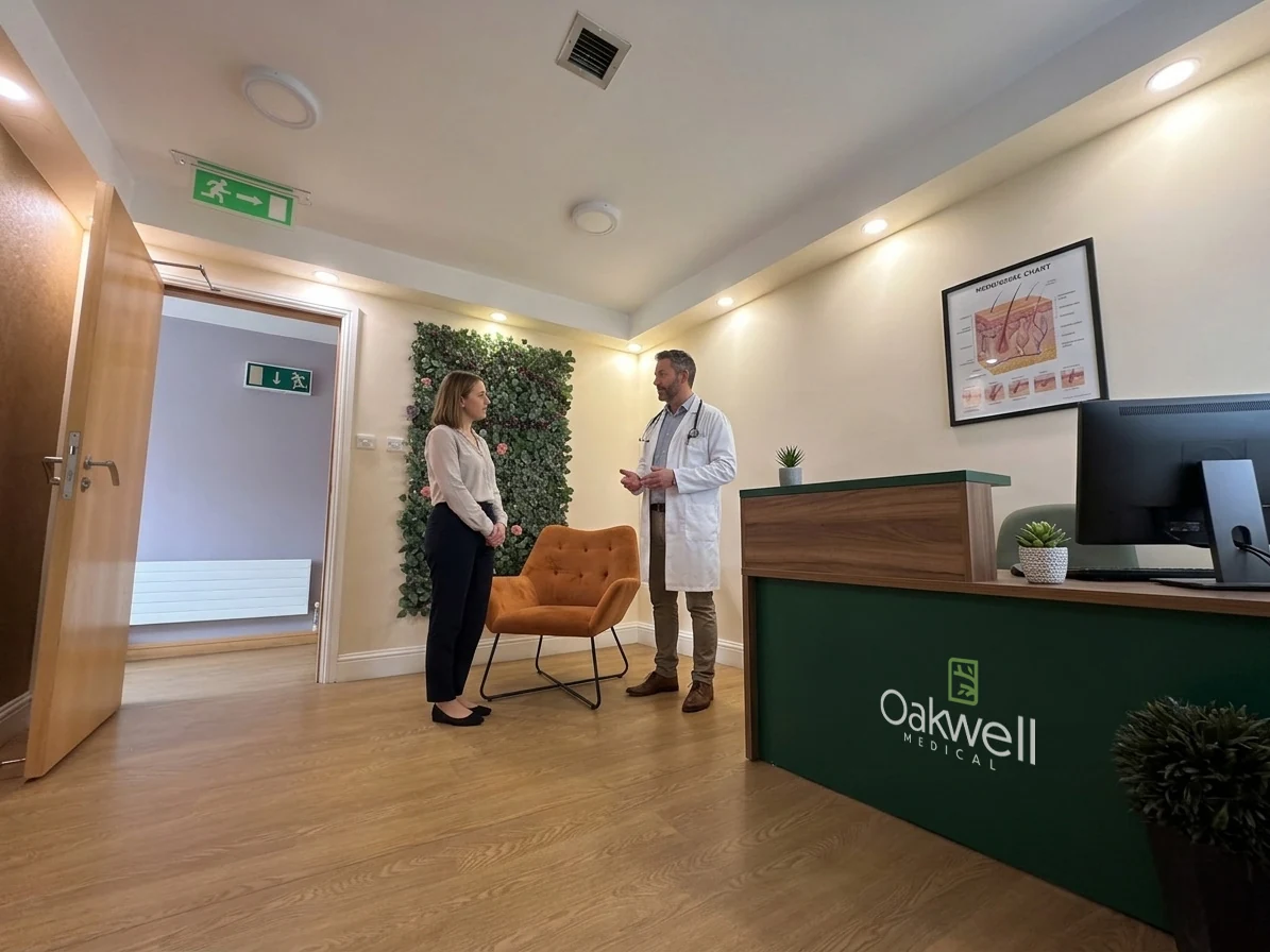 People speaking in the welcoming Oakwell Medical reception